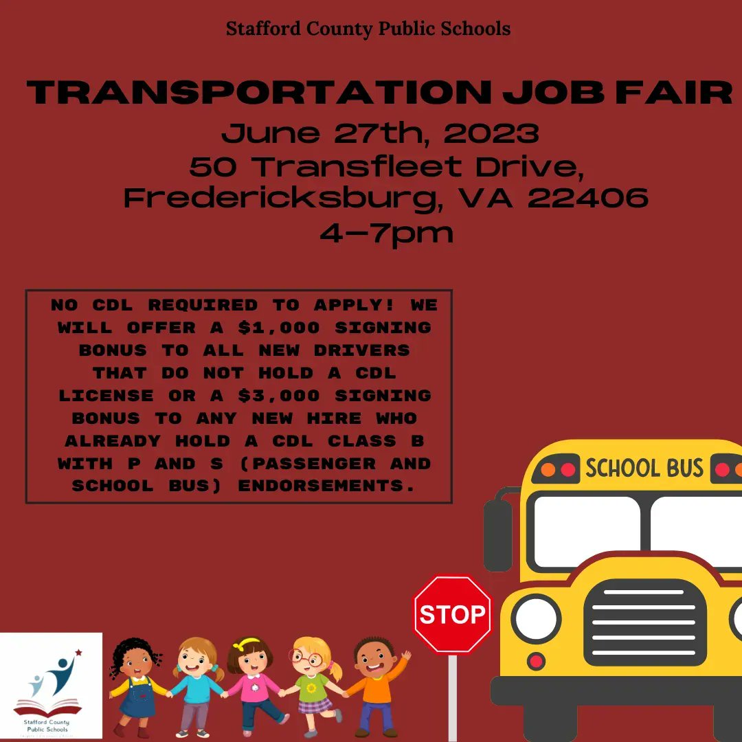 Interested in joining our Transportation Department? We are currently hiring Bus Drivers and Bus Attendants. Join us on Tuesday, June 27th, 2023 from 4:00pm-7:00pm. Register now: buff.ly/3CgfXL8 #Transportation #ChooseStafford- a great place to live, work and learn.