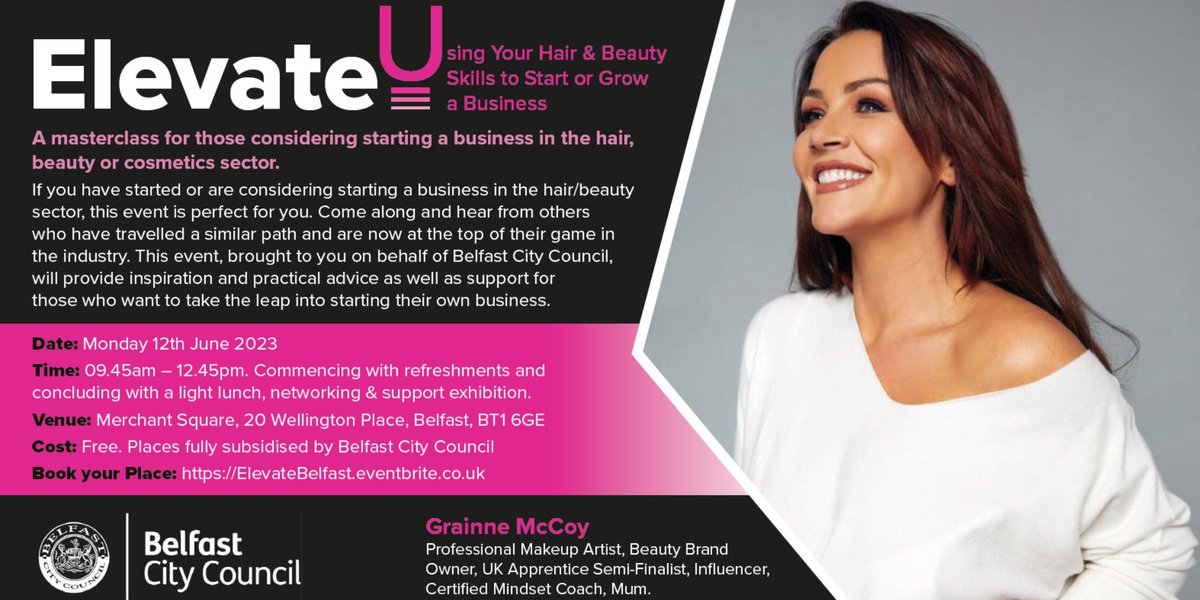 Belfast City Council (@belfastcc) on Twitter photo Want to get ahead in the beauty business? 💇♀️💋
Book for our free Elevate U workshop on Mon 12 June (9.45am-12.45pm) to get advice from industry experts, including former Apprentice contestant <a href="/grainnemccoy_/">Grainne McCoy</a>
Open to all levels. Book at ow.ly/bMXY50OFQ29
#BelfastHour Want to get ahead in the beauty business? 💇♀️💋
Book for our free Elevate U workshop on Mon 12 June (9.45am-12.45pm) to get advice from industry experts, including former Apprentice contestant <a href="/grainnemccoy_/">Grainne McCoy</a>
Open to all levels. Book at ow.ly/bMXY50OFQ29
#BelfastHour