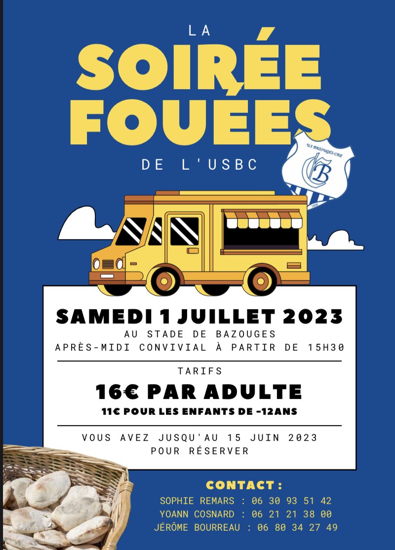 UsBazouges's tweet image. L’USBC organise sa traditionnelle soirée « FOUÉES » de fin de saison le 1er juillet prochain au stade du Creux à Bazouges.
N’hésitez pas à réserver vos places ! 💙🤍