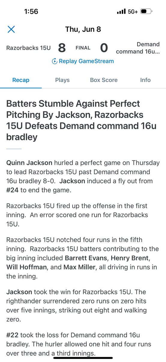 QuinnCJackson11's tweet photo. PERFECT GAME
5 innings/8 K/0 Hits /0 BB
@Razorbacks2026 @CoachJohnson03 @MemAthletics @NextLevelEville @PBRIndiana @CTrinkle23 @BUncommitted @Revolution_EVV https://t.co/SayzQm0XU4