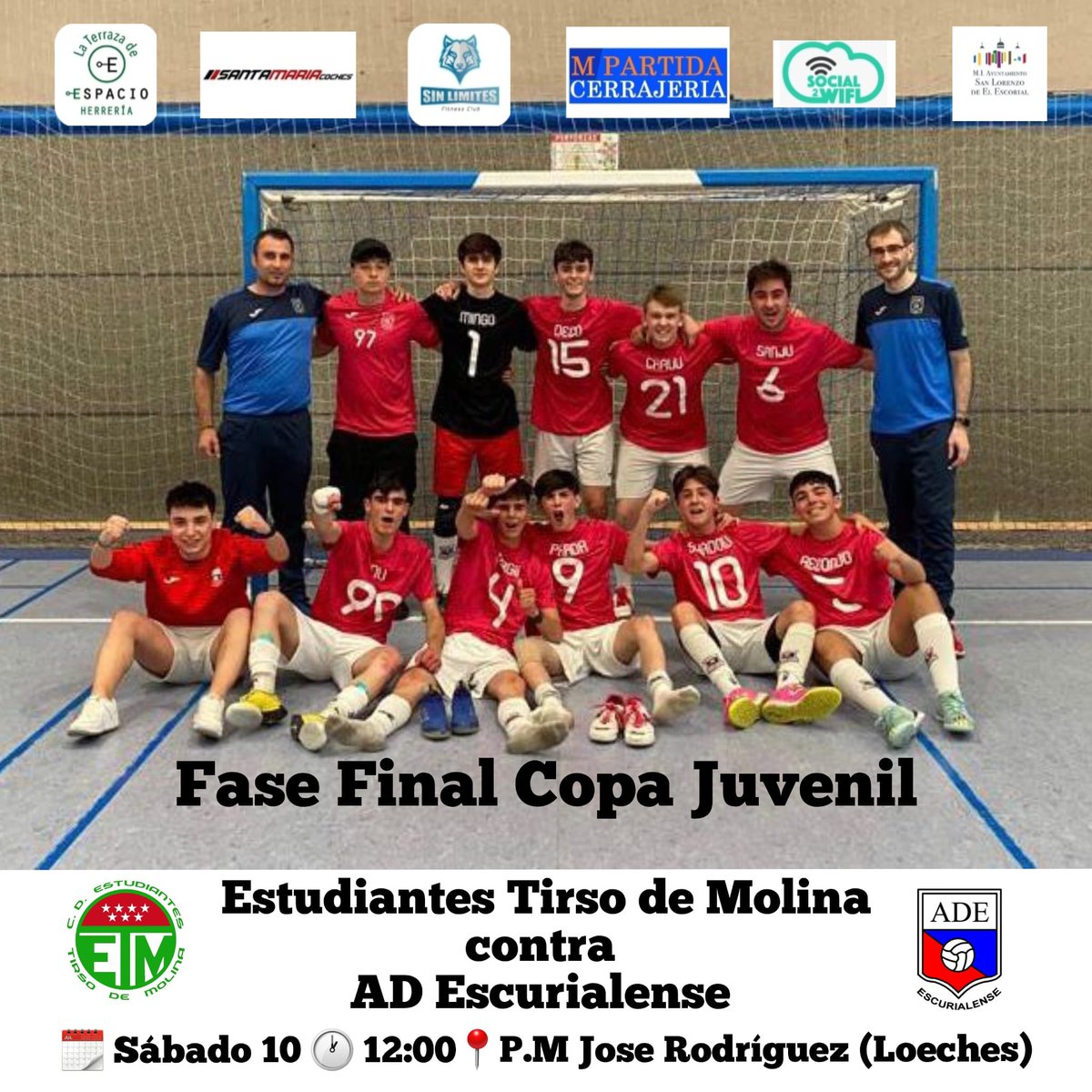 🏆COPA FEDERACION

📢Nuestro equipo juvenil disputa este sábado 10 a las 12:00 en Loeches la fase final de la copa juvenil de <a href="/RFFM_FutbolSala/">Comité de Fútbol Sala - RFFM</a> 

🙌🏻Os esperamos a todos para acompañar al equipo que tras una gran temporada esta a un paso de la gran final.
#vamosescu💪🏻⚽️
