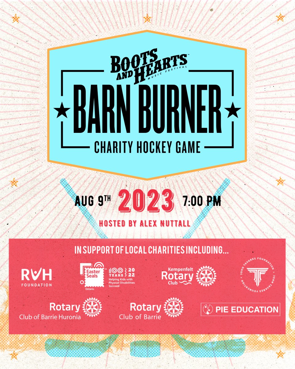 🚨JUST ANNOUNCED! The Boots and Hearts Barn Burner Charity Hockey Game Hosted by @AlexFromBarrie is back on Aug 9, 2023! This year's roster features some of the NHL's most talented players as well as local hockey heroes & community players. 🏒Link in the profile for more! #Barrie