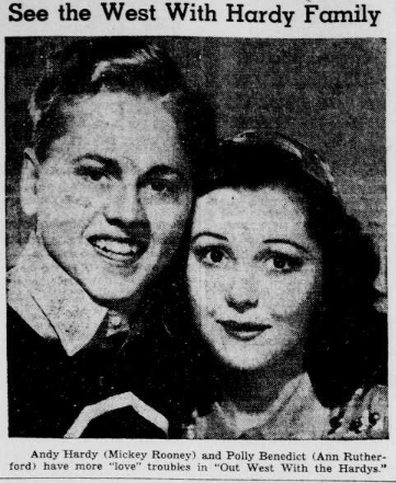 Newspaper photo of Mickey Rooney and Ann Rutherford before she made GWTW. Out West with the Hardys benefitted from having Virginia Weidler in the cast. #oldmoviestars #TCM #oldHollywood #oldmovies #GWTW #GONEWITHTHEWIND #TCMparty #ClarkGable #MickeyRooney #AnnRutherford