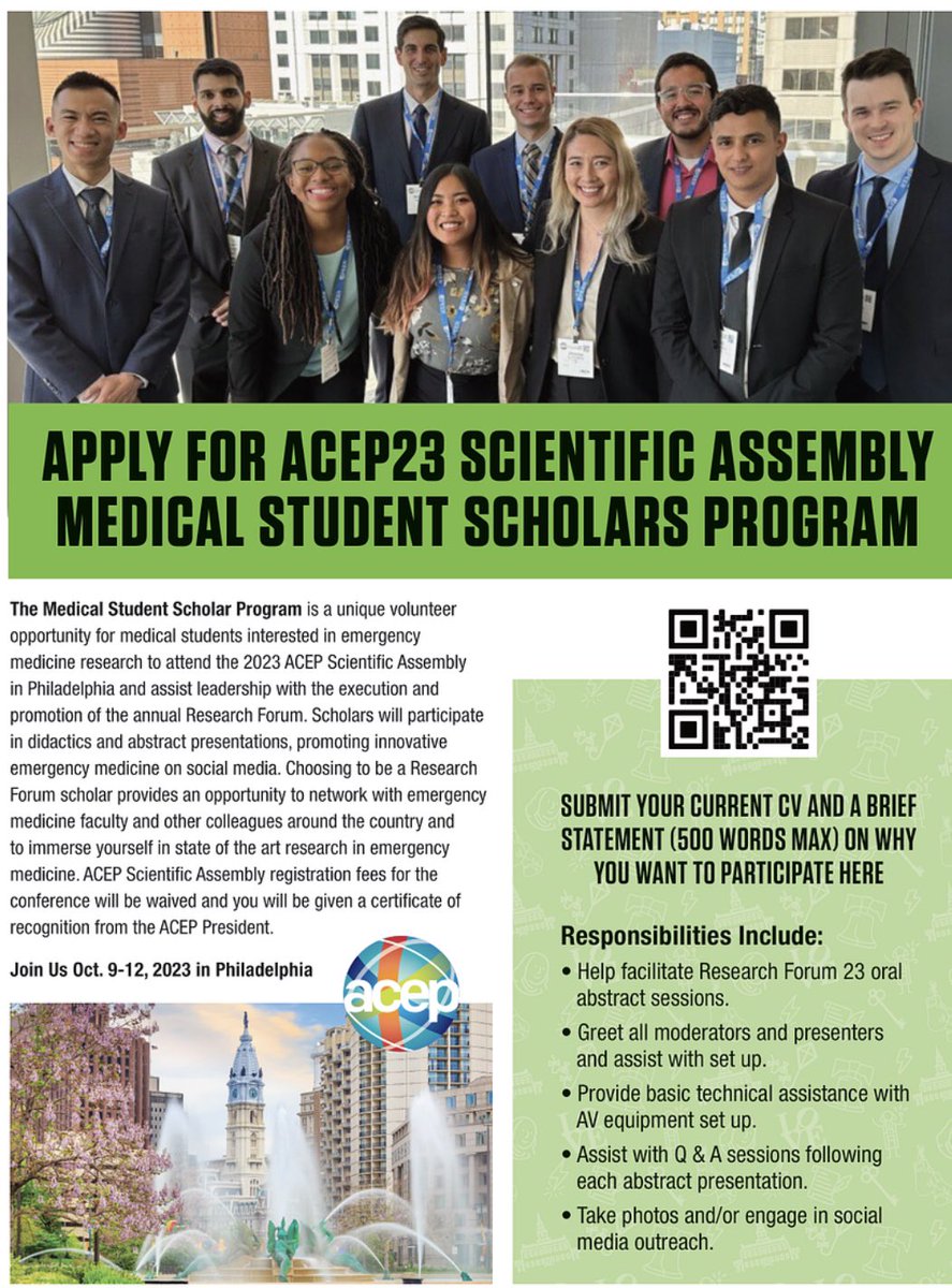 Awesome opportunity for med students interested in EM at ACEP 2023.  Free ACEP registration and a great experience for your CV!  Deadline to apply is in only one more week.  Any future #EMbound student should consider applying.