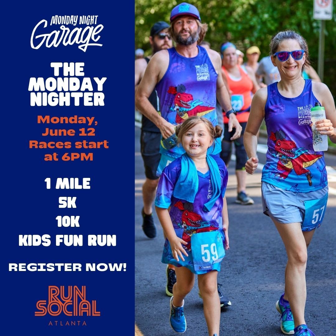Less than 1 week until The Monday Nighter @mondaynightgarage! With run options including... 🦖5K 🦖10K 🦖1Mile 🦖Kids Fun Run 🔥RunHot Challenge w/ @hotlantahalf ... there's a run for everyone💪 Move 💨Finish 🏁Celebrate 🎉🍻 Register to run through the link in our bio!