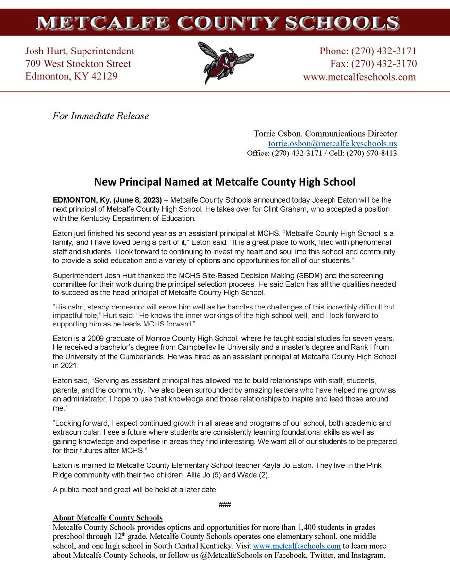 Congratulations to Mr. Joseph Eaton, who has been selected as the new principal of Metcalfe County High School! #MetcalfeHornetsEver