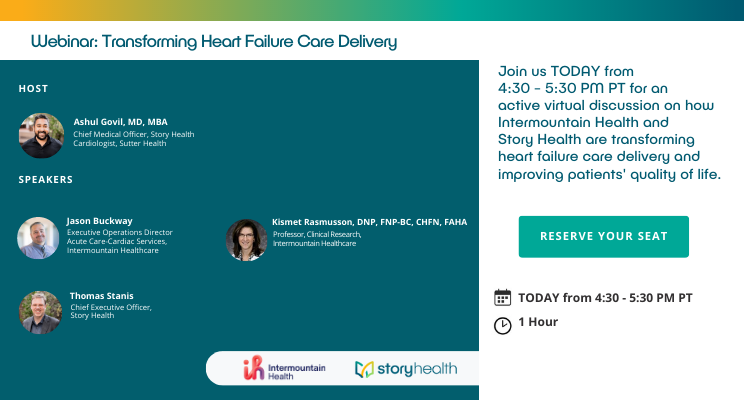 Today is the day! Join us for the Transforming Heart Failure Care Delivery webinar with @Intermountain - 4:30 - 5:30 PM PT. Host @ashul Speakers @tomstanis @KismetRasmu Jason Buckway Register Now 🔗: us06web.zoom.us/webinar/regist… Don't miss this opportunity! #HeartHealth #Webinar