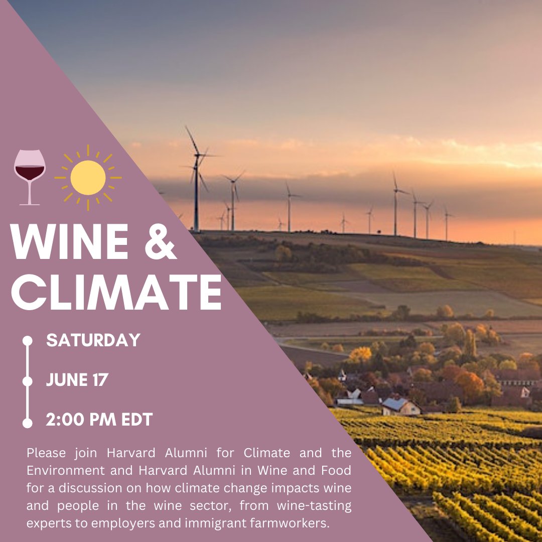 Please join HACE and Harvard Alumni in Wine and Food (HAWF) for a discussion on how climate change impacts wine🍷 and people🧑‍🌾 in the wine sector. Click here to register for the event: harvard.zoom.us/meeting/regist…
<a href="/HarvardAlumni/">Harvard Alumni Association</a>
