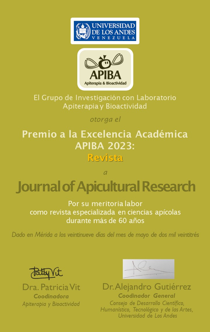 On May 29, 2023 the Universidad de Los Andes - Facultad de Farmacia y Bioanálisis awarded the APIBA 2023 ACADEMIC EXCELLENCE AWARD to Journal of Apicultural Research, in Category 6 “Journal” for its continuous contribution to Bee Science for >60 years
#BeeScience