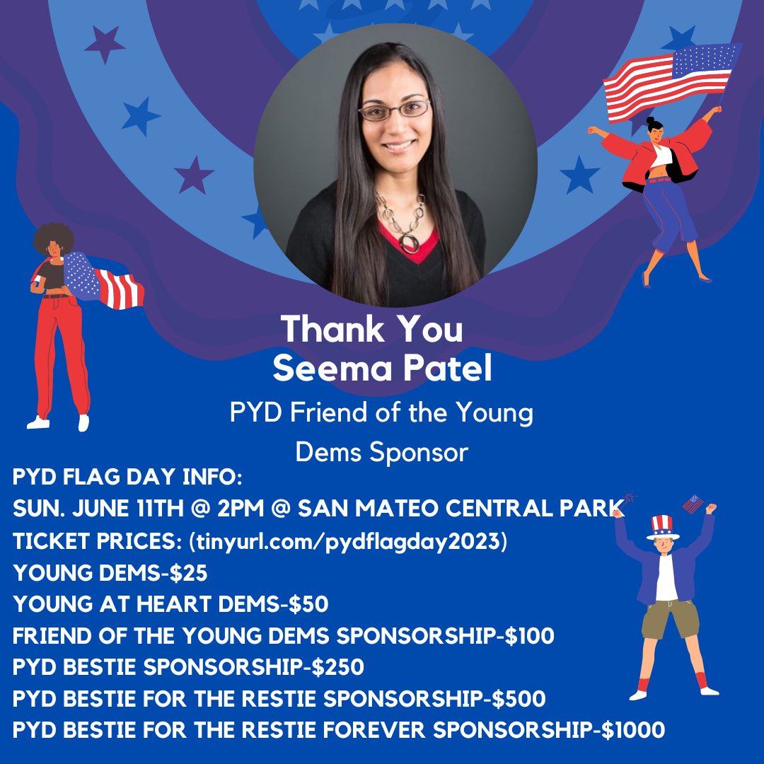 Peninsula Young Dem🗳️crats (@pydems) on Twitter photo Thank you Seema Patel for sponsoring our Flag Day as a Friend of the Young Dem Sponsor! We are thankful for your continuous support! <a href="/cupcakerobot_/">Seema Patel</a> Thank you Seema Patel for sponsoring our Flag Day as a Friend of the Young Dem Sponsor! We are thankful for your continuous support! <a href="/cupcakerobot_/">Seema Patel</a>