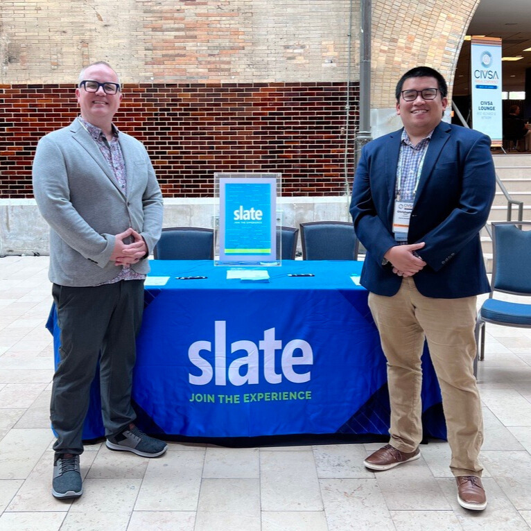 Technolutions's tweet photo. Christopher &amp; Peter are back on the road in St. Louis for the Annual CIVSA Conference! If you're in the area, stop by the Slate table located in Midway West to say hi 👋🏻 
@officialCIVSA #SlateOnTour #CIVSA2023 #EdTech #HigherEd #Technolutions #CampusVisits #InformationServices https://t.co/lK2VNSpji3