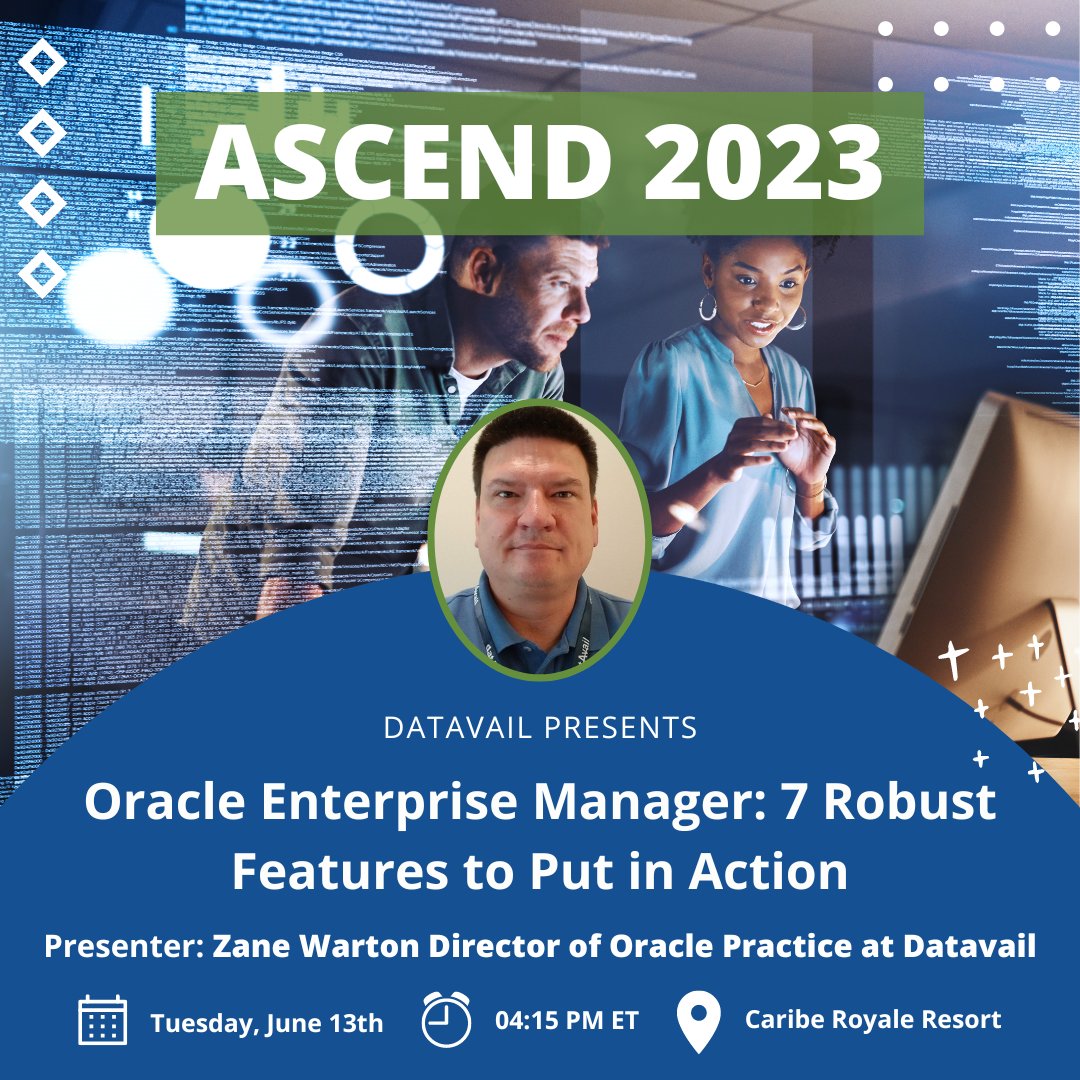 datavail's tweet photo. Unlock the true potential of your #Oracle technologies with #OracleEnterpriseManager! Zane Warton, Director of Oracle Practice at Datavail, will guide you through 7 robust features to unleash its power. Join us on Tuesday, June 13th, at 4:15 p.m. https://t.co/mq5JAFrcJz
.
#oem https://t.co/4rVnKAcklN