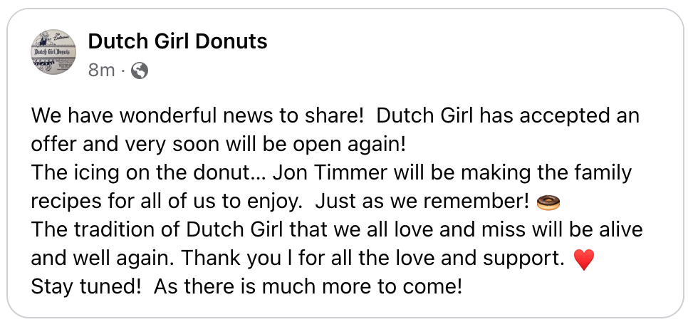 TheDailyDetroit's tweet photo. 🍩 Dutch Girl Donuts has posted they are reopening. No exact timeline details yet, but here's what they shared over on FB. https://t.co/hbXTjrVvv7