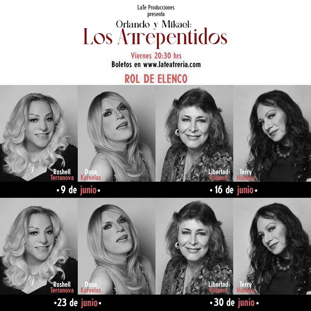 Rol de elenco del mes de junio. 🏳️‍⚧️

Orlando y Mikael te esperan a partir de este 9 de junio todos los viernes a las 8:30 PM en la Sala A de @lateatreria. 

Boletos en taquillas o bit.ly/LosArrepentidos🎟️