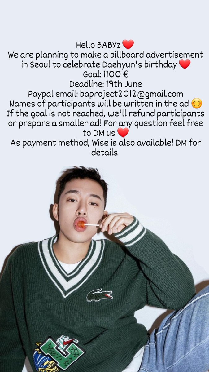 BAProject_'s tweet photo. [PLS RT]
❤️ DAEHYUN'S BDAY PROJECT ❤️
To celebrate Daehyun's birthday, we will prepare a billboard ad in Seoul! You can join by sending your contribution to 
👉🏻 baproject2012@gmail.com 👈🏻
Deadline: 19th June! 
More details in the photo below❤️
#대현 #정대현 #Daehyun #JungDaehyun https://t.co/89Z4RlCXfC