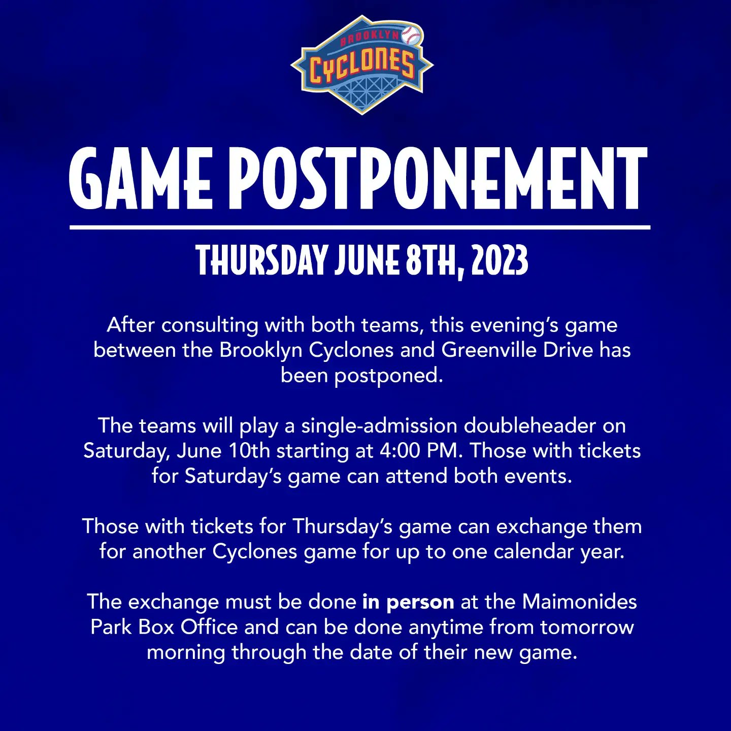 Brooklyn Cyclones on X: Official statement regarding today's game.   / X