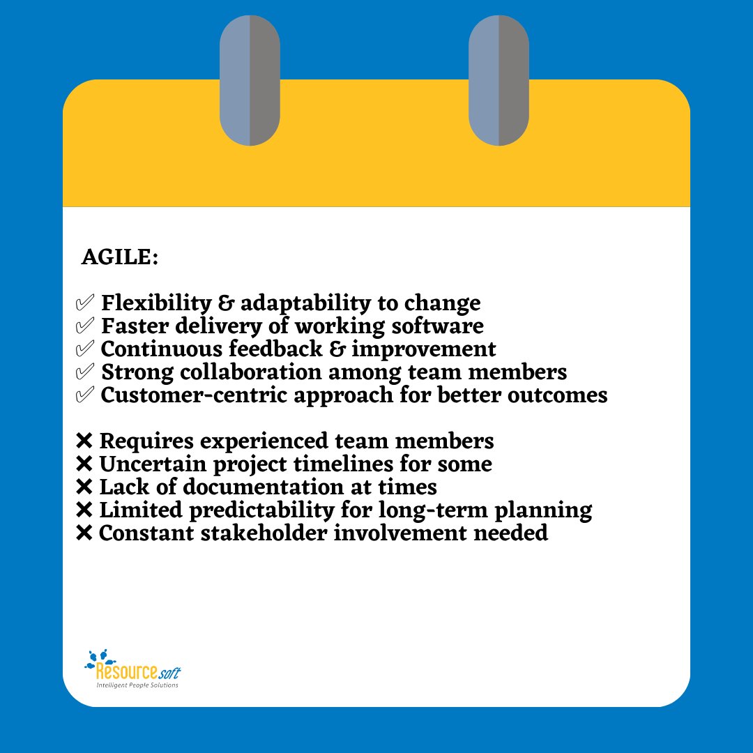 ResourcesoftInc's tweet image. Discover the Pros and Cons of Agile and Waterfall methodologies to make informed decisions for your projects. 🔍 Assess your project&apos;s needs and find the perfect fit! 💡

#ProjectManagement #AgileVsWaterfall #ProsAndCons #ChooseWisely