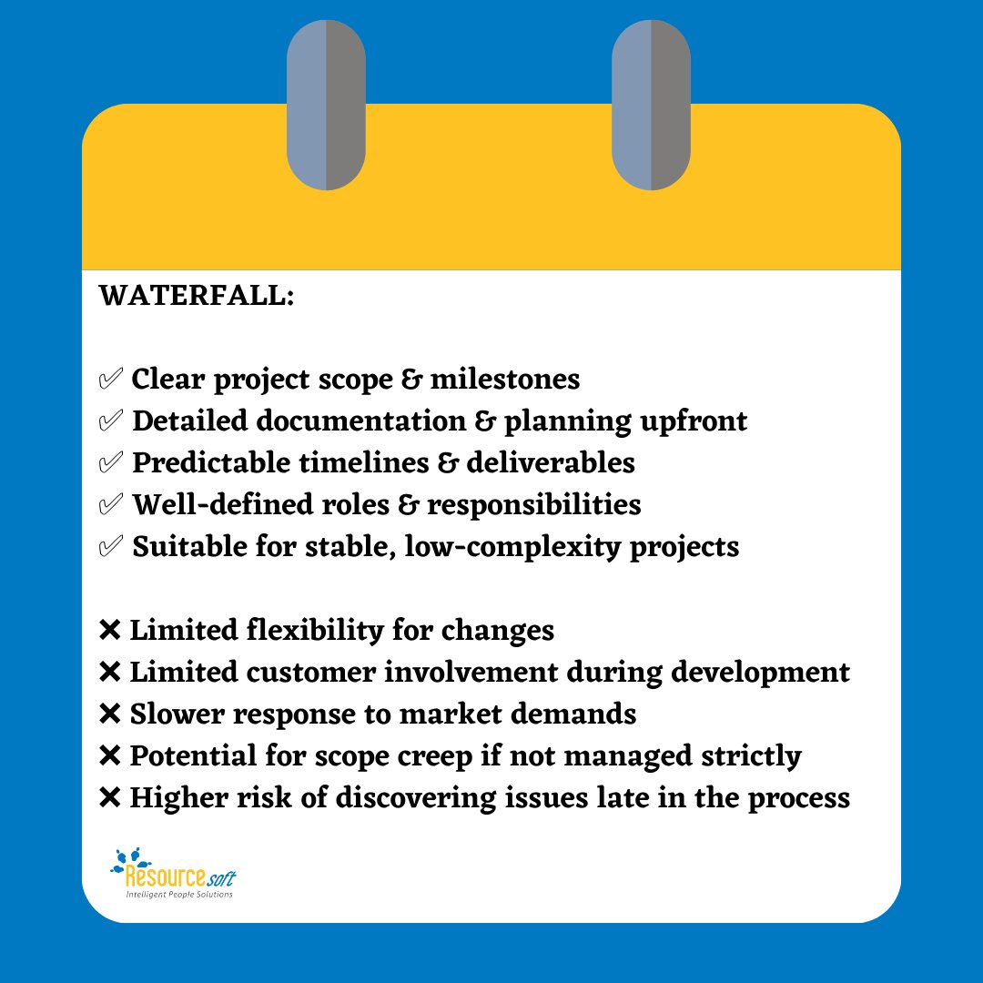 ResourcesoftInc's tweet image. Discover the Pros and Cons of Agile and Waterfall methodologies to make informed decisions for your projects. 🔍 Assess your project&apos;s needs and find the perfect fit! 💡

#ProjectManagement #AgileVsWaterfall #ProsAndCons #ChooseWisely