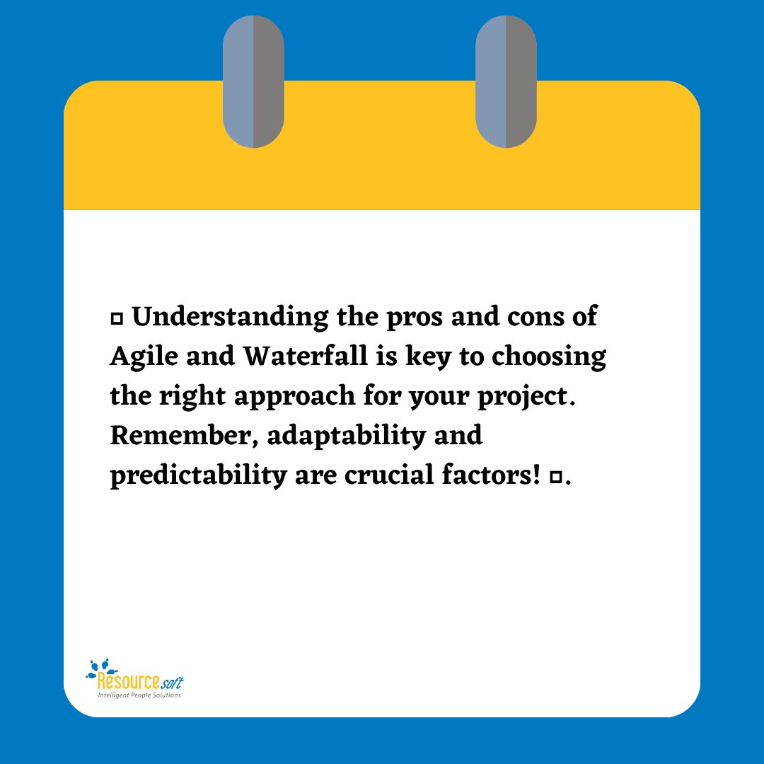 ResourcesoftInc's tweet image. Discover the Pros and Cons of Agile and Waterfall methodologies to make informed decisions for your projects. 🔍 Assess your project&apos;s needs and find the perfect fit! 💡

#ProjectManagement #AgileVsWaterfall #ProsAndCons #ChooseWisely