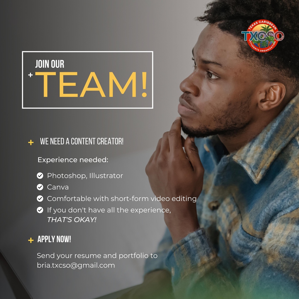 CONTENT CREATOR NEEDED!⁠
⁠Want to add a few new designs to your portfolio? Or want to develop the skills needed for this industry? 
⁠
We are looking for a creative to help us with our social media and website!
⁠email your resume and portfolio to  bria.txcso@gmail.com ⁠