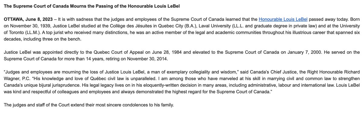 Former #SCC Justice Louis LeBel has passed. #cdnlaw