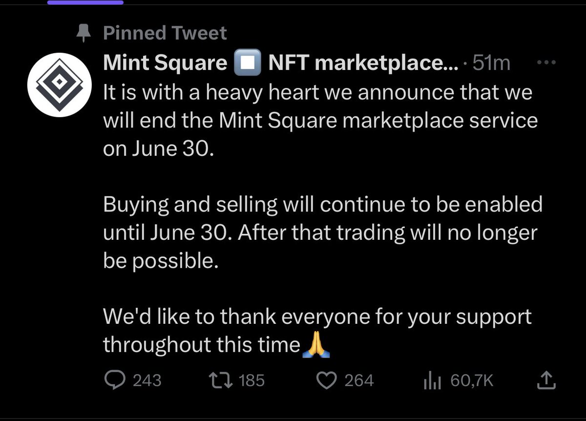 Soheil_SBabaei's tweet photo. In a surprising announcement, the #MintSquare #NFTmarketplace has #declared that it will cease operations by the #end of #June. The decision, communicated via Twitter on June 6, has sparked intrigue in the digital asset community.
#NFT #NFTs https://t.co/wVQgTat93L