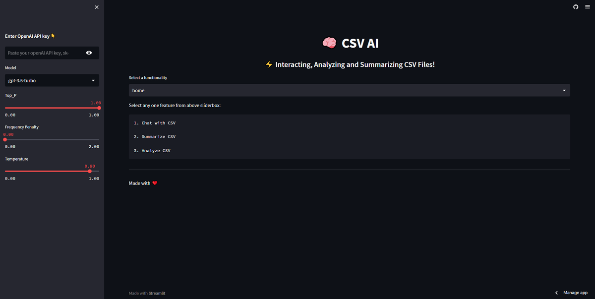 safiullah_rahu's tweet photo. 🚀 Unlock hidden insights in your CSV files with CSV-AI
The ultimate app powered by @langchain , @OpenAI, and @streamlit. 📊
🚨Effortlessly,
⚡️Interact
⚡️Summarize
⚡️Analyze
your CSV files in one convenient place.
Try at: https://t.co/sK6z7N8z8L
#Streamlit25k #langchain https://t.co/ilaWUipyKz