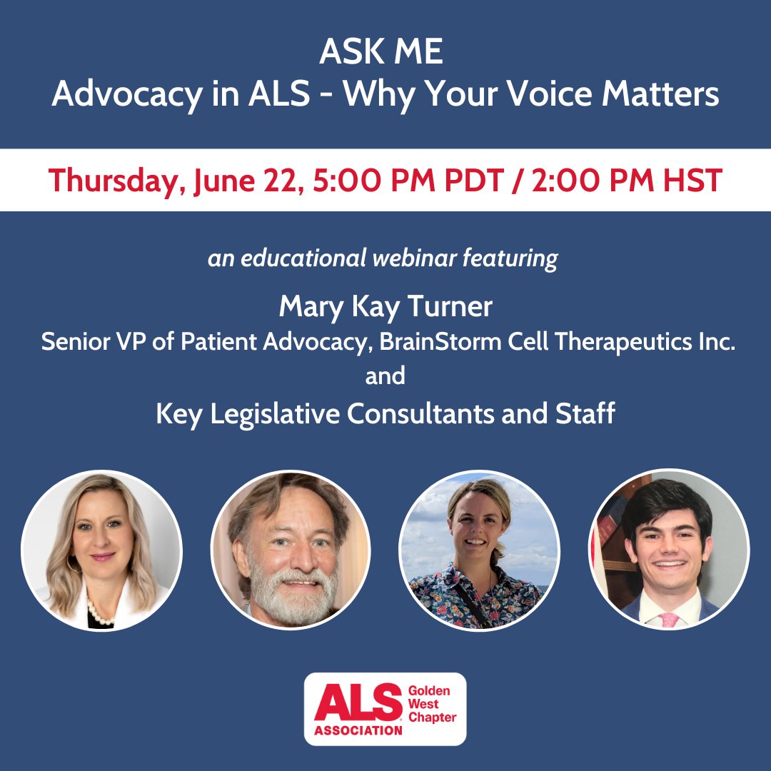 youralsnetwork's tweet image. ASK ME: Advocacy in ALS - Why Your Voice Matters is on Thursday, June 22, at 5 pm PDT/2 pm HST. Join us for an informative evening, where you will learn how advocacy efforts benefit the #ALS community and how you can become involved. Register today at bit.ly/2023-06-AskMe.