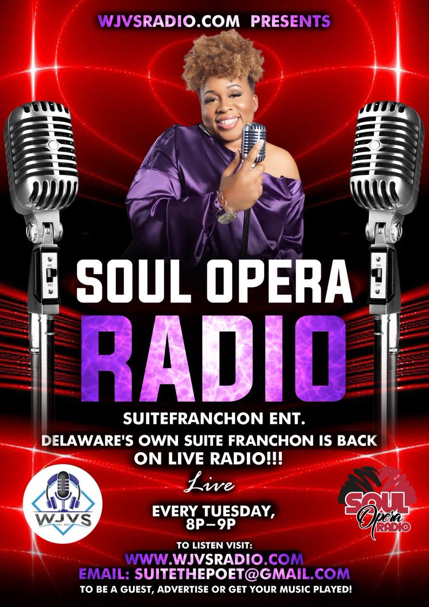 Suitefranchon's tweet photo. Beloveds!  You ask me to get back out there so, here I AM!  
Mark your calendars!  SuiteFranchon is back on the radio beginning Tuesday, June 20th at 8:00 pm
on Delaware's own - https://t.co/GHIH4nTP0c!  
#wjvsradio #delawaresown #suitefranchon https://t.co/eOs1R19MSf