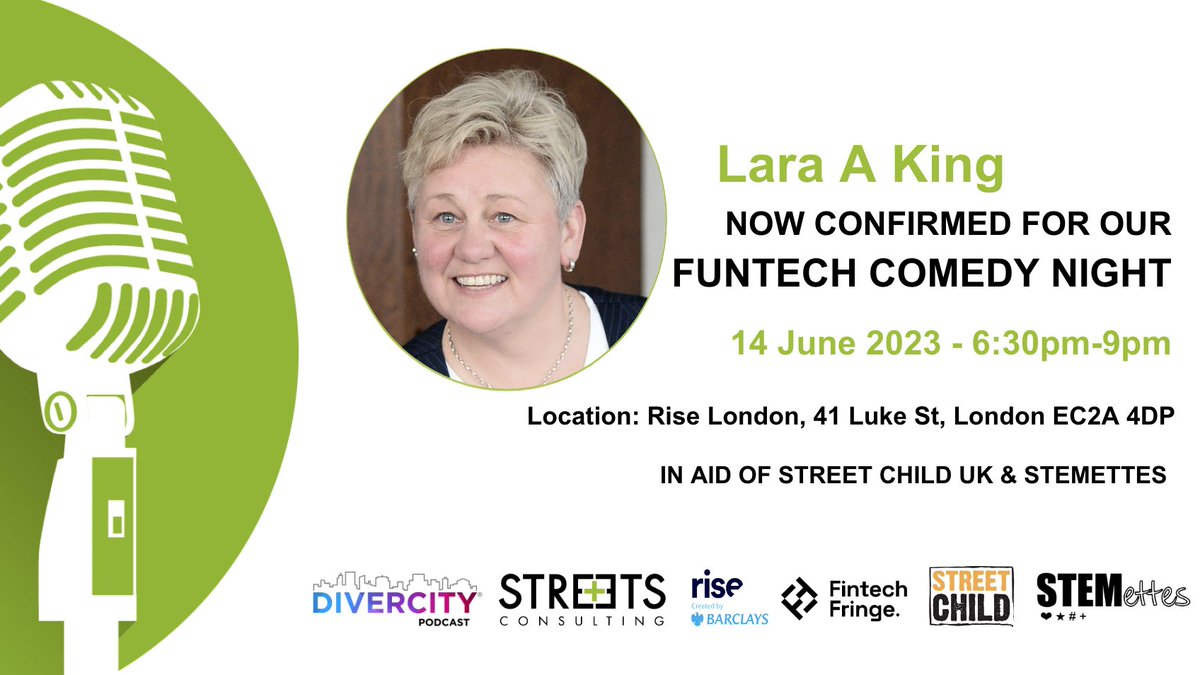 StreetsConsult's tweet photo. Delighted to announce that award-winning comedian @laraaking will be joining the #FunTechComedyNight lineup. Event hosted by @streets_julia in the brilliant @ThinkRiseGlobal venue, as part of @fintechfringe raising funds for @streetchilduk & @Stemettes
https://t.co/LXfZpBS89t https://t.co/N200TWWi1x