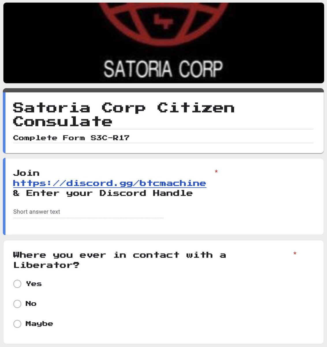 Become a SATORIA CORP citizen today!
We are accepting 500 new citizen submissions.
forms.gle/uG9ucfmDzz6Nom…

<a href="/btcordinal/">BTC MACHINE🤖 - BTC VIRUS🦠</a>