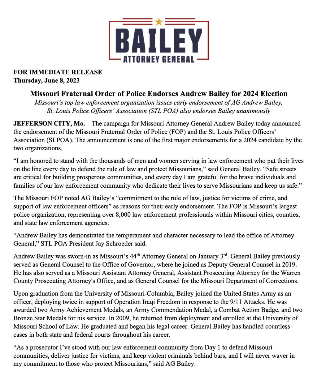 HafnerMO's tweet image. 🚨 This is a BIG one. 🚨

@AndrewBaileyMO has received an early 2024 endorsement from the @MissouriFOP and STL POA. FOP is MO's largest law enforcement org. #moag #mogov #moleg