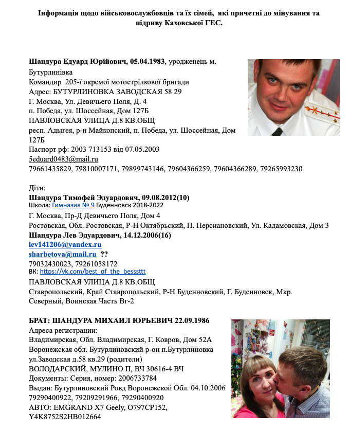 ArsenX93's tweet photo. Українські хакери знайшли особисті данні в/с #рф та їх сімей, які винуваті у трагедії на Каховській ГЕС. Саме ці люди причетні до її мінування та підриву. Пропонуємо «передати привіт». Ми знаємо де живуть ваші батьки, де навчаються ваші діти і ДЕ ЖИВЕТЕ ВИ. 

#КаховськаГЕС https://t.co/tm0EuED23r