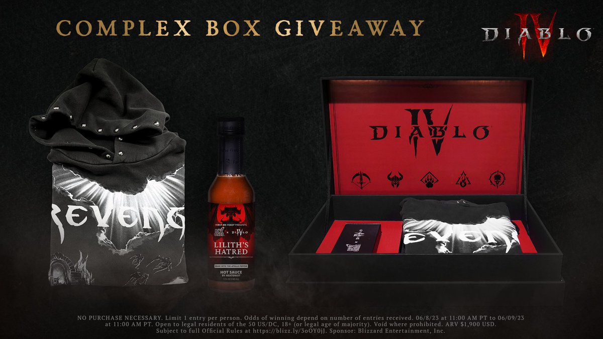 Diablo's tweet image. Show us you can stand the heat for a shot at some spicy loot.

Drop a "🔥" with #DiabloIV + #DiabloSweepstakes in the replies for a chance to win Diablo's own hot sauce and a Revenge hoodie, courtesy of @Complex and @firstwefeast.

Rules: blizz.ly/3oOY0jJ