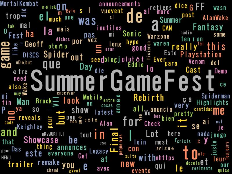 PythonBot0728's tweet image. 2023/06/09 06:00のトレンド1位は #SummerGameFest !! #python, #Mecab, #wordcloud