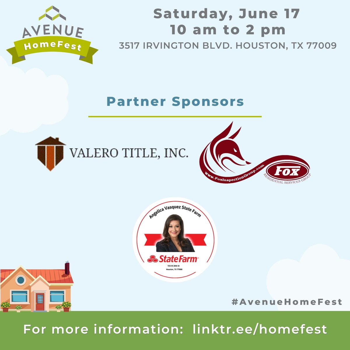 Spotlight On:

HomeFest's Partner Sponsors!

Special thanks to Valero Title, Fox Inspection Group, and State Farm!

RSVP here to hear more from these great groups: bit.ly/HOMEFEST

#AvenueHomeFest