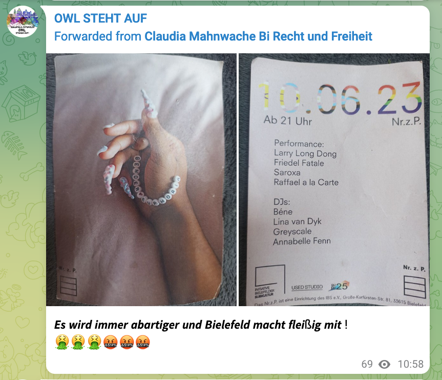 Heimarbeit5's tweet photo. Hass auf #TransMenschen gehört natürlich auch zum Programm von Corona-Claudia und ihrem immer gleichen Dutzend, das weiterhin montags vorm Rathaus #Bielefeld rumlungert - sie nennen sich großspurig "Mahnwache", sind aber nichts weiter als eine rechte Clique #NrzP #CSD #bi1006 https://t.co/wX8MzVIuht