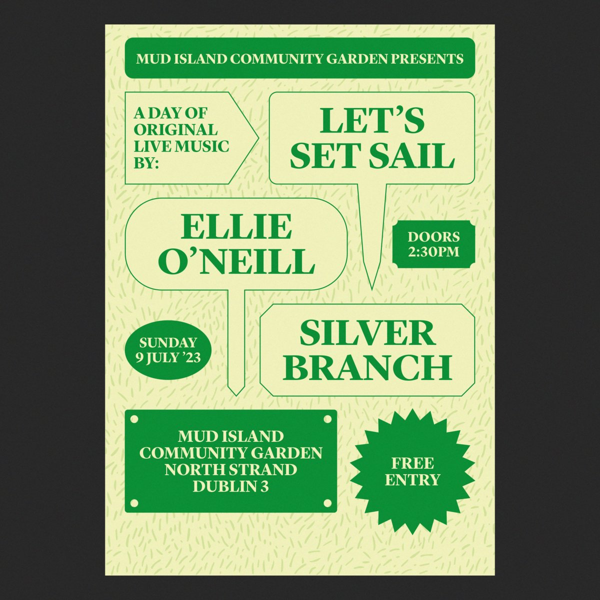 🌞🌞 Summer Gig Alert 🌞🌞

We’ll be playing with the outstanding Ellie O'Neill and Silver Branch on Sunday 9 July in <a href="/island_mud/">MudIsland</a> 

This event is FREE and you'd be mad to miss it to be perfectly h with you. Come along!!