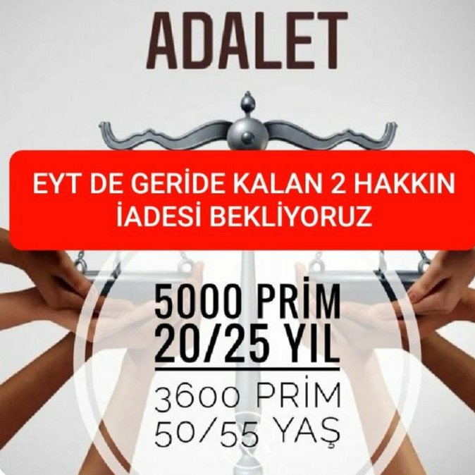 EYT ÇÖZÜLMEDİ 
Hakkımız olanı teslim edin. Söz verdiniz sözünüzü tutun. 5000 gün kısmi emeklilik...
DEVLET'İN SÖZÜ SENETTIR.
#İllede5000VeKısmi