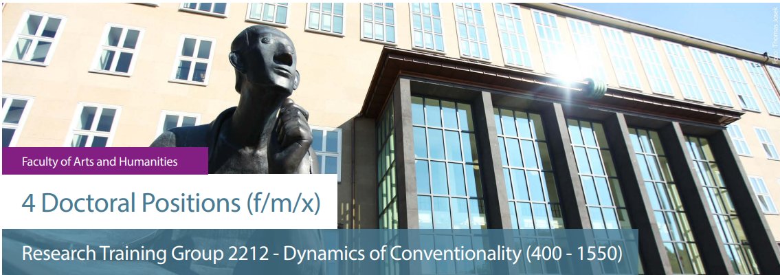 UniCologneNY's tweet photo. 📢There are 4 open #PhD positions at @UniCologne's Faculty of Arts and Humanities @Philfak_koeln! Apply by 07/02 to be a part of the #interdisciplinary Research Training Group 2212, which explores the dynamics of #conventionality from 400 to 1550. Details: https://t.co/IU52J4hlgc https://t.co/GFJ9yLObrA