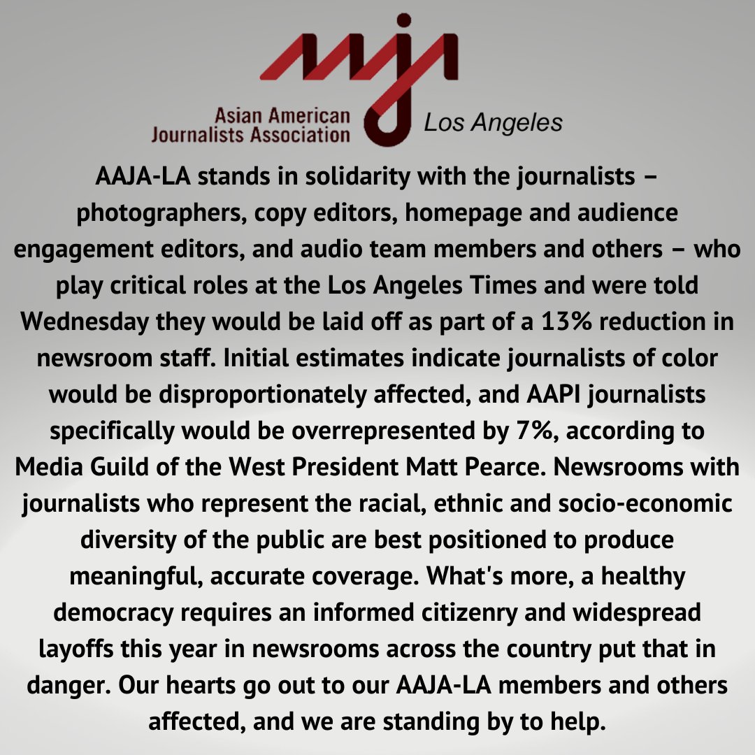 Our hearts are broken for our members and friends at the @latimes @latguild @LATAAPICaucus @LATLatinoCaucus @LATBlackCaucus