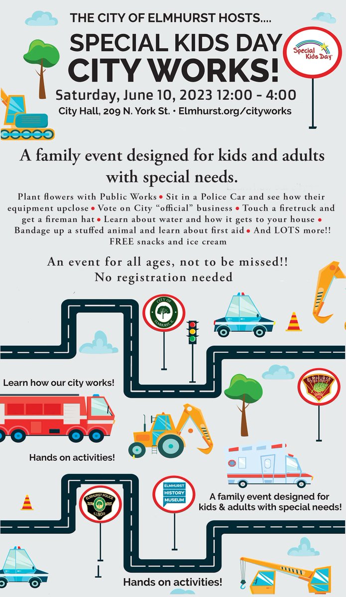 SPECIAL KIDS DAY: City Works
See inside a police car, touch a fire truck, plant flowers, learn how water gets to your house, and lots more! No registration required.

Saturday 6/10 @ 12-4pm
Elmhurst City Hall, Elmhurst

Complete details at buff.ly/3LCi1AM.