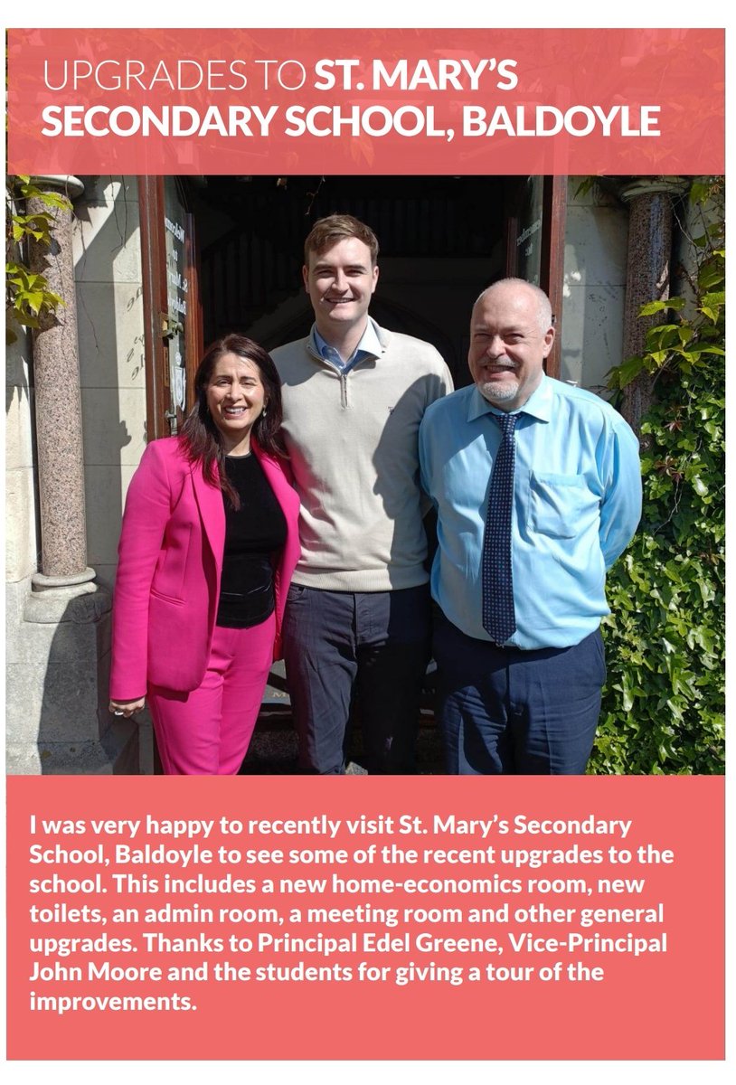 Delighted to see the recent newsletter from @Cathal_Haughey and a photograph of his visit to St. Mary's to view five construction projects nearing completion. Cathal was very impressed with the work completed and the future projects due. The Senior Prefects made everyone welcome