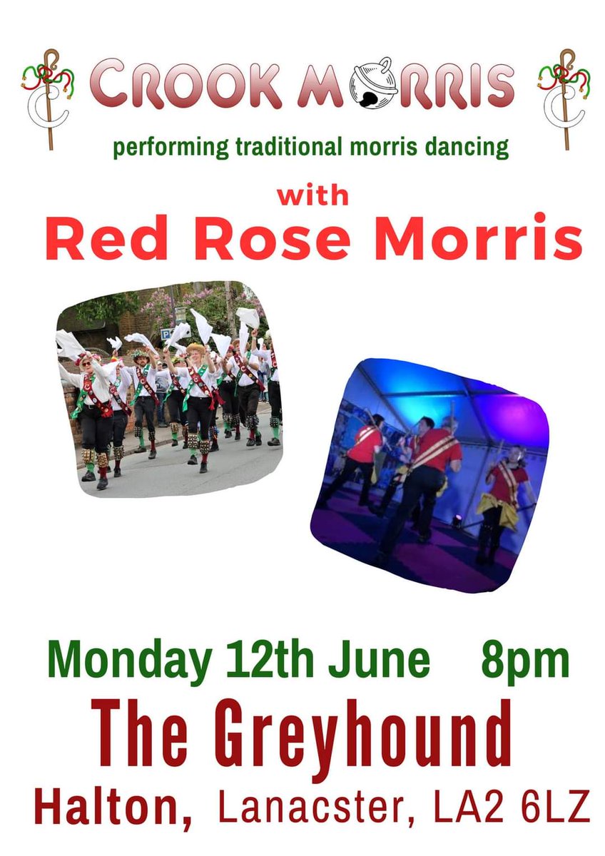 Next Monday evening (12th June), we shall be dancing out with Lancaster University team Red Rose Morris! Come along to The Greyhound, Halton, LA2 6LZ at 8pm to see us dancing and playing live music.
