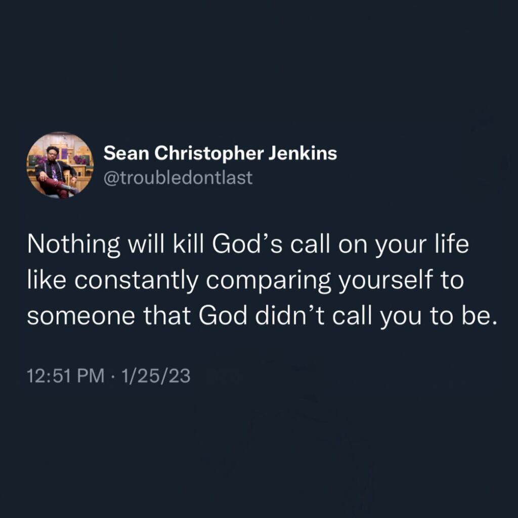 troubledontlast's tweet image. Comparing yourself = insulting God &amp;amp; yourself #compare

If you are busy glancing to the left and right, jealous of someone else’s plan, you may miss the perfect one God’s written just for you. #stopcomparing

GOD MADE YOU UNIQUE. 
Never insult God by com… instagr.am/p/CtPk_jRuzMB/