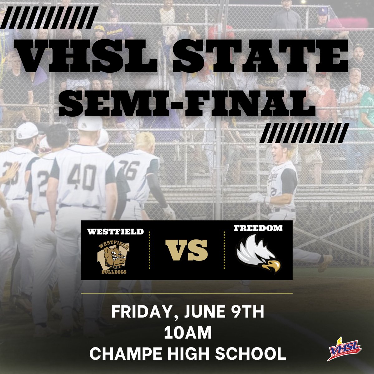 State Baseball is ON! Come cheer on BULLDOG BASEBALL as they take on Freedom in the STATE SEMI-FINAL! Friday June 9 – 10am at John Champe HS BUY Tickets Here! gofan.co/app/events/100… @DSATowle @T_DiBari @WHSDOGPOUND @VHSL_