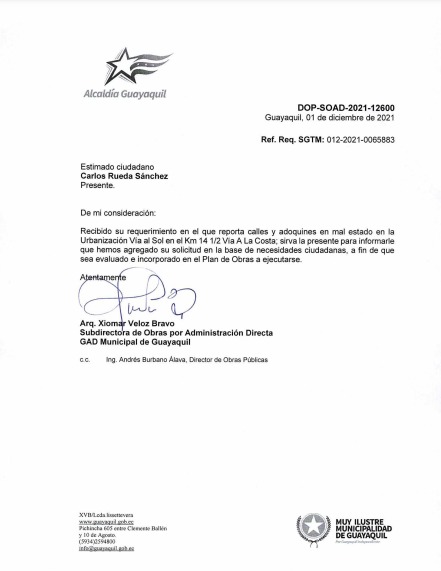 Buenas tardes alcalde, le escribimos de la urb. Vía al Sol. Le comentamos que desde las dos adm. pasadas (Nebot y Viteri), se aprobaron el mantenimiento de las calles de la urb. pero nunca vinieron, le rogamos su ayuda por favor.  le enviamos las dos cartas aprob.<a href="/aquilesalvarez/">Aquiles Alvarez Henriques</a>