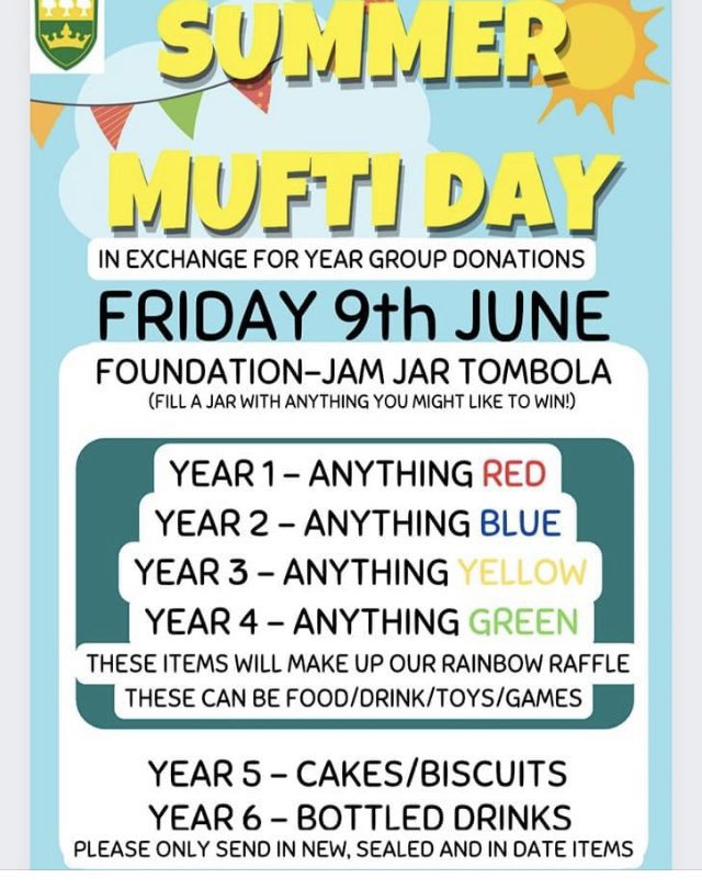wideyshark's tweet photo. A reminder that tomorrow is mufti! If possible, please also donate something blue to support our summer Fayre on Saturday to raise funds for our amazing PTFA 😁💙☀️ https://t.co/7DC9XSAD5W