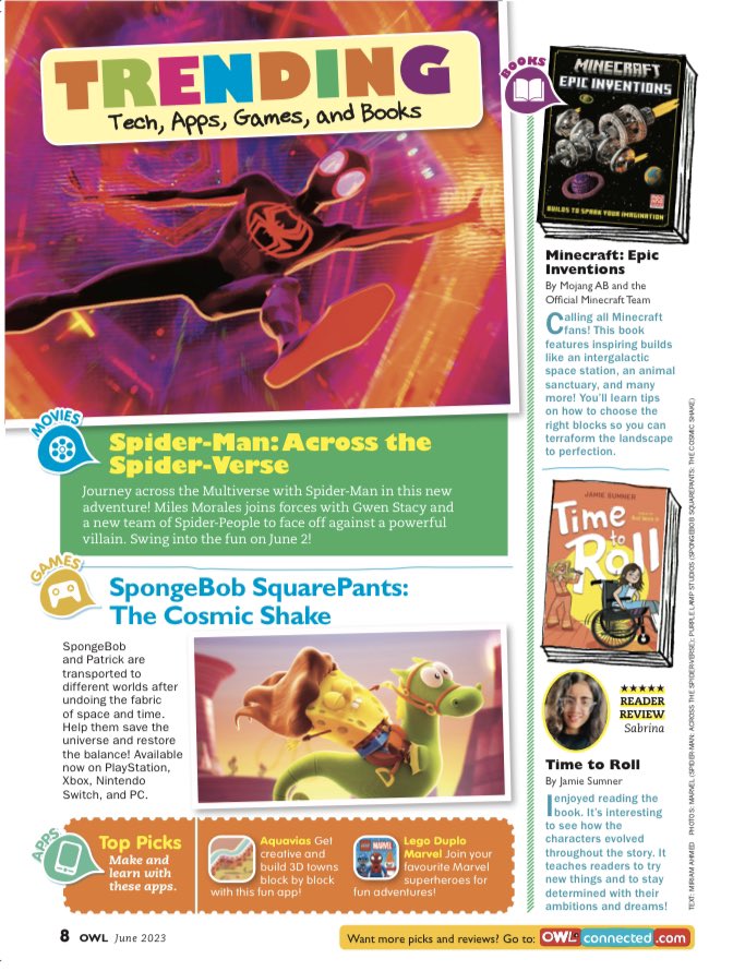 jamiesumner_'s tweet photo. How cool is this?! #TimetoRoll is @owlkids magazine’s Trending Book Pick book for June! Thank you, Canada! ❤️ @SSEdLib @SimonKIDS #cpawareness https://t.co/Ajm405qYPk