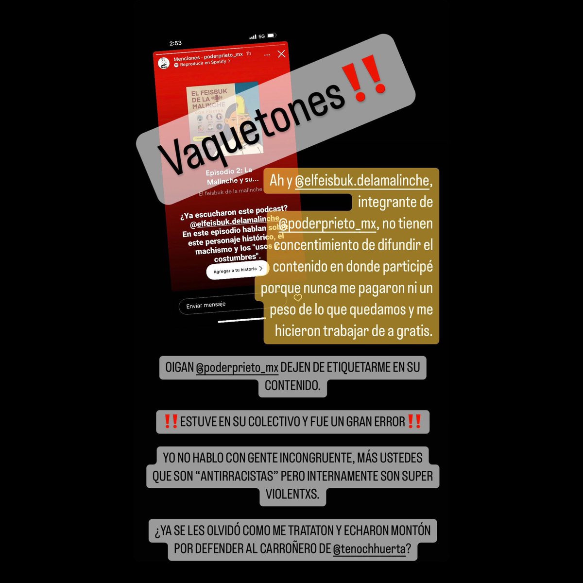 Oye MARCA de <a href="/poderprieto_mx/">Poder Prieto</a> 
NO TIENEN CONSENTIMIENTO en difundir un material que no me quisieron pagar y que así como este, en varios me explotaron para trabajarles gratis. 

¿No aprenden verdad? 
Aparte de violentos por defender al DEPREDADOR  de <a href="/TenochHuerta/">Tenoch Huerta Mejía</a>, explotadores.